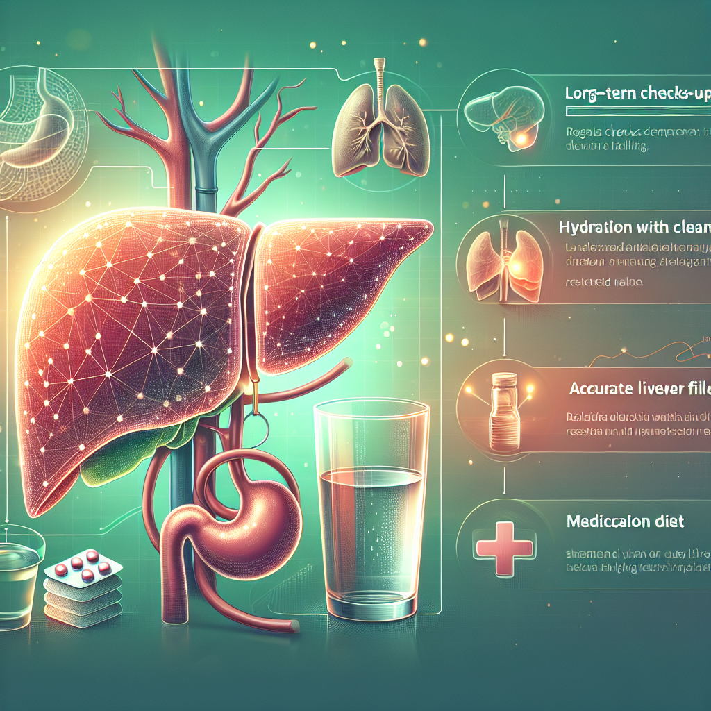An informative, detailed illustration showing strategies for long-term care when dealing with acute liver failure. The image includes a detailed diagram of a healthy liver on the left, contrasted with a liver experiencing acute liver failure on the right. Next to these, there's an infographic with bullet points highlighting key strategies such as regular check-ups, hydration with clean water, balanced diet, regular exercise, and medication regime. To emphasize the importance of hydration, a glass and a bottle of clean water are also depicted. Background is a soft gradient medical green.