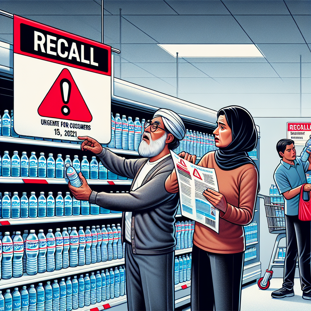 Visualize a store shelf containing bottles of branded water, with eye-catchy red signs indicating a recall. There's a date marked on the sign as 2021. Near the shelf, a concerned elderly South Asian man is reading the details on a notice posted on the wall. He's accompanied by a Middle Eastern woman lifting a water bottle, examining it carefully. They look alarmed, reflecting the urgency of the message. On the other side, a store worker, a young Hispanic female, is busy removing bottles from the shelf. The phrase 'Urgent Update for Consumers' is boldly printed on the signage.