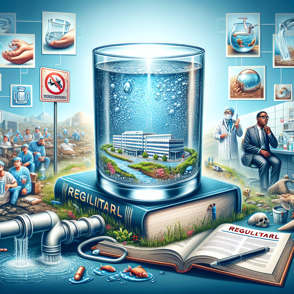 Create a strikingly detailed image that visualizes the core concept of the article. As the central objects, depict a large glass of crystal clear water, beautifully sparkling and embodying perfect purity, and a legally thick regulatory book, representing the legal measures taken for waterborne illness prevention. Add several surrounding images representing failing steps; for instance, a leaking pipe with dirty water, a filthy river, and an ignored signage warning about waterborne diseases. Portray all this against a hospital background with a male Black doctor and a female Asian nurse treating a patient, representing the aftermath of neglecting vital steps in waterborne illness prevention. The overall illustration should suggest the urgent necessity of adhering to regulations to prevent waterborne diseases.