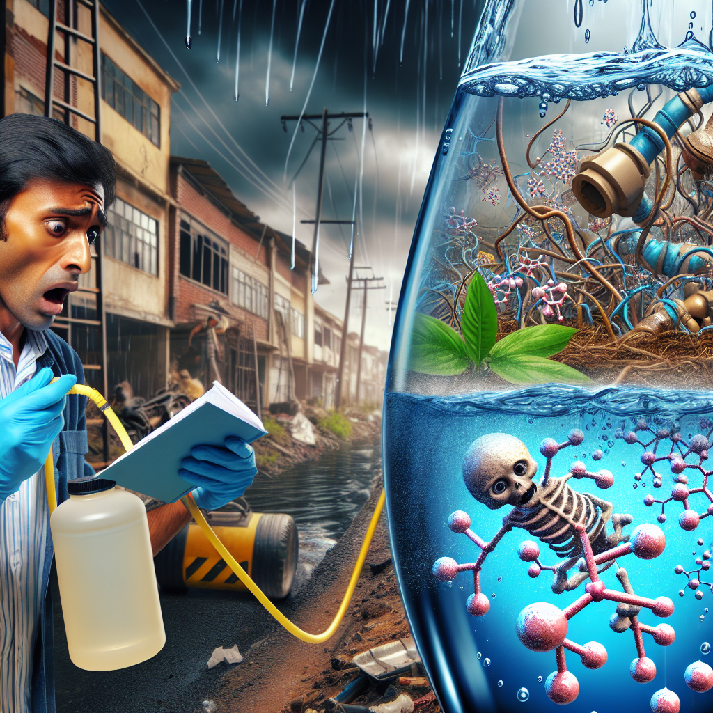 An alarming image illustrating the dangers of hydrazine contamination in water. The scene includes a polluted water source like a river or a well, tainted with visible signs of chemical contamination. Imaginary representation of hydrazine molecules creeping through the water, giving it a dangerous aura. Near the water, a terrified South Asian man carefully testing the water using safety equipment. In the background, a Black woman reading a shocking story about a victim of hydrazine poisoning, her face reflecting horror and disbelief.