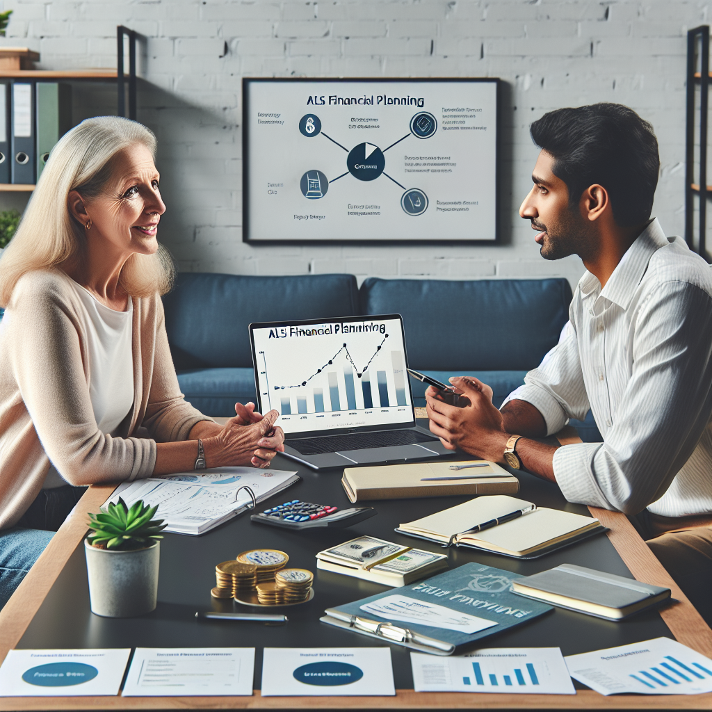 Visualize a serene scenario wherein a middle-aged Caucasian woman is conversing with a South Asian financial planner in a modern office setting. On their table lie a laptop displaying charts of long-term financial investments, a calculator, notepad filled with financial planning outlines, and a binder labelled 'ALS Financial Planning Tips'. Highlight concepts like comfort, knowledge, and trust between the two characters. Also, subtly showcase the theme of ALS survival, perhaps with a 'Brave ALS Survivor' coaster on the table.