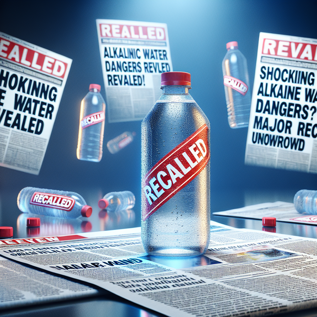 Create an image representing a breaking news story about the recall of a popular brand of drinking water. The scene displays a photorealistic water bottle with a large red 'RECALLED' stamp diagonally across the label. Alarming headlines such as 'Shocking Alkaline Water Dangers Revealed' and 'Safe to Drink? Major Recall Underway' subtly float in the background. The atmosphere should depict urgency and concern, with high contrast colors and dramatic flair.