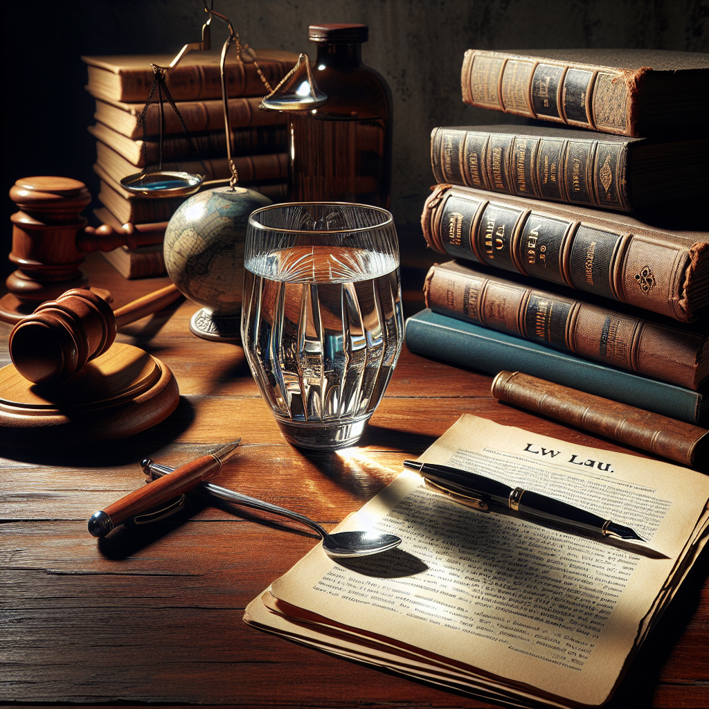 A detailed still-life image of a desk with pertinent items associated with a legal setting. On the periphery are an antique wooden gavel, a pile of worn-out law books, and a fountain pen resting on a notepad filled with handwritten legal notes. The central focus is a glass of crisp, inviting water casting reflective light patterns. Additional elements are newspaper headlines and articles scattered around, the topic of which pertains to a 'Water Lawsuit'. Add subtle lighting to emphasize the seriousness of the topic. The overall aesthetic is to portray a sense of in-depth analysis and key insights into a water-related legal matter.