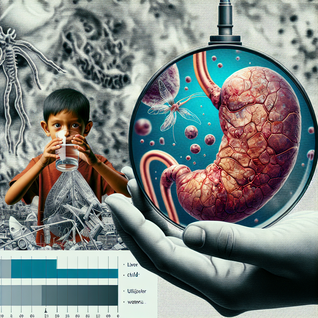 A striking image visualizing the concept of liver damage in children due to consumption of unclean water. A closeup view of a child's hand holding a glass of turbid, polluted water, contrasted against the magnified illustration of a distressed, unhealthy liver tissue on the background. Fact sections detailing the alarming statistics about children affected by water-related diseases are dispersed throughout the image. Make it realistic and alarming in order to grab reader's attention and raise awareness about the crisis.