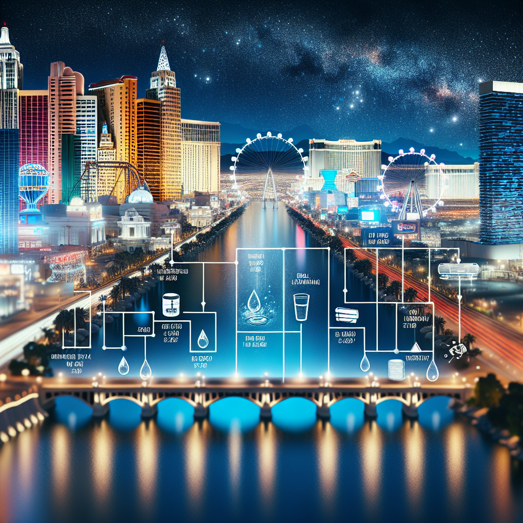 Create a high-quality, photorealistic image that visually communicates the concept of a scandal unfolding in Las Vegas, related to the real water supplies. The image could consist of a timeline diagram denoting various key events, set against the glittering background of the Las Vegas city skyline during night time with its iconic buildings. Next to the timeline, some water-related items, such as a glass of water, could also be included to signify the water aspect of the scandal.