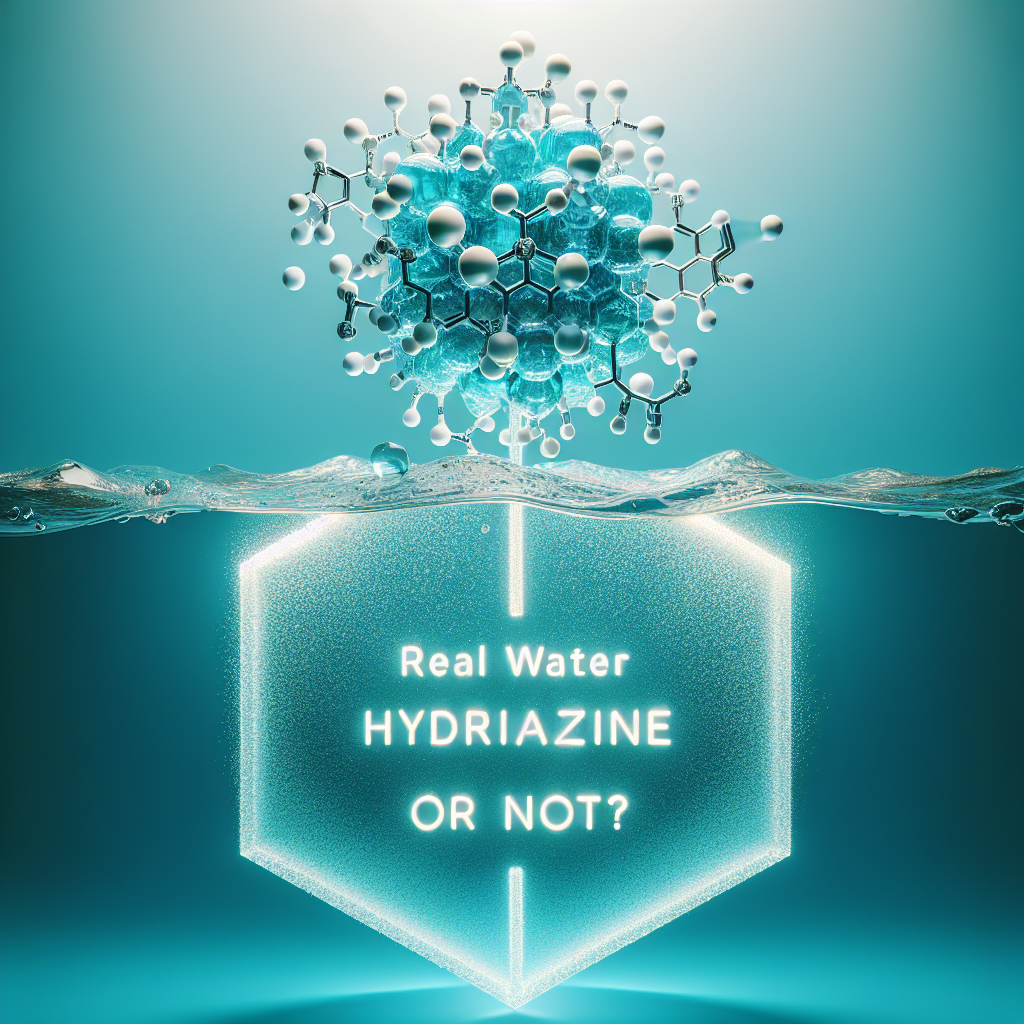 An eye-catching image for a scientific article with the title 'Real Water Hydrazine: Stunningly Risk-Free or Not?'. The image should have a focal point being a realistic 3D rendering of the chemical structure of hydrazine in the middle, suspended over a background of an aqua-colored liquid suggesting water. The title emerges from the water surface in bold, crisp white letters, and the image radiates an overall ambivalence suggesting both danger and safety.
