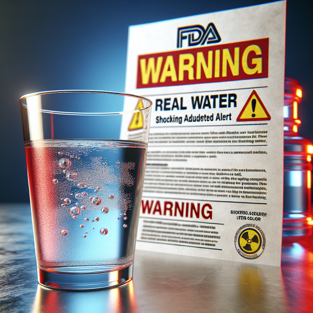 A high-quality, photorealistic image depicting the concept of an urgent alert regarding water safety. In the foreground, a clear half-full glass of water with visible impurities. The background prominently showcases an official looking document with text, such as 'FDA Real Water Warning: Shocking Adulterated Alert'. Use red and yellow color predominantly to signal danger and importance. The overall atmosphere should convey urgency and concern.