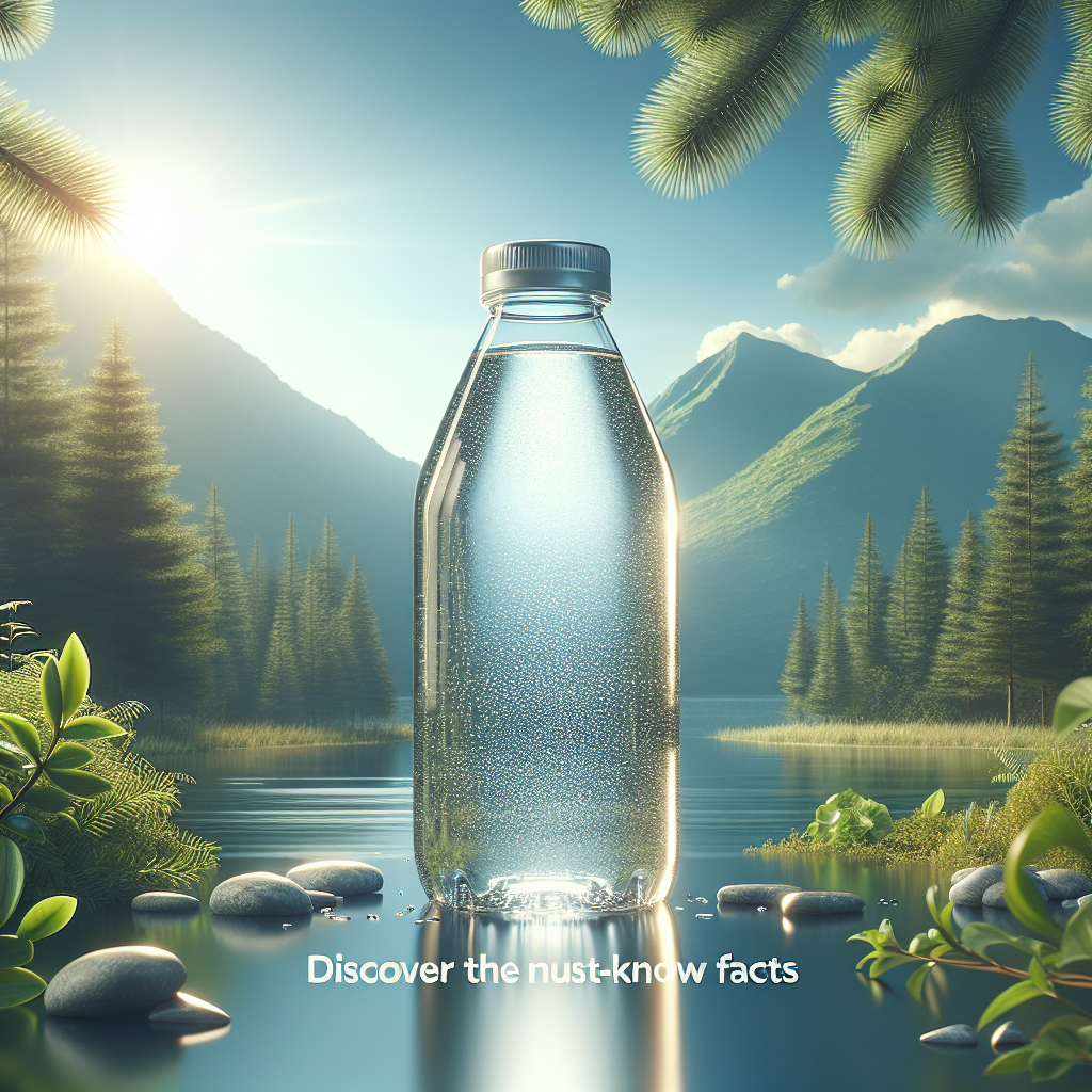 Create a high-quality, photorealistic image featuring a transparent glass bottle filled with clear water, placed amidst a serene and natural backdrop. Underneath the bottle, put the text 'Discover the Must-Know Facts'. The overall image should evoke a sense of purity and calmness, symbolizing the exceptional quality of the water.