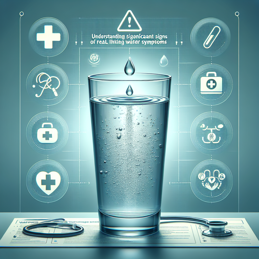 Create a detailed, realistic image for an article cover about understanding significant warning signs of real water symptoms. The image should show a glass half-filled with water, the water has clear and visible impurities. There might be a droplet of water falling into the glass causing a ripple. Beside the glass, there should be a list of bullet points symbolizing the warning signs. In the background, there could be symbols representing health and safety like a first aid kit or a stethoscope.