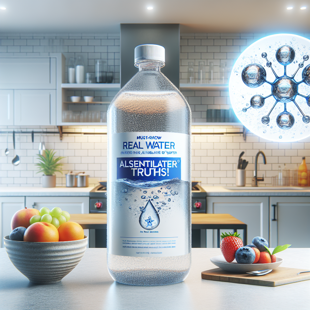Generate a high-quality, photorealistic image representing the contents of an article about alkaline water, showcasing a big bottle of essentia water labelled 'Real Water Essentia' on a pristine kitchen counter. The kitchen reflects a healthy lifestyle with fresh fruits in a ceramic bowl next to the water. Additionally, illustrate magnified water molecules in a semi-transparent circle at the corner of the image to imply purity and alkalinity. The title 'Must-Know Alkaline Water Truths!' is displayed prominently at the top of the image in bold, blue text.