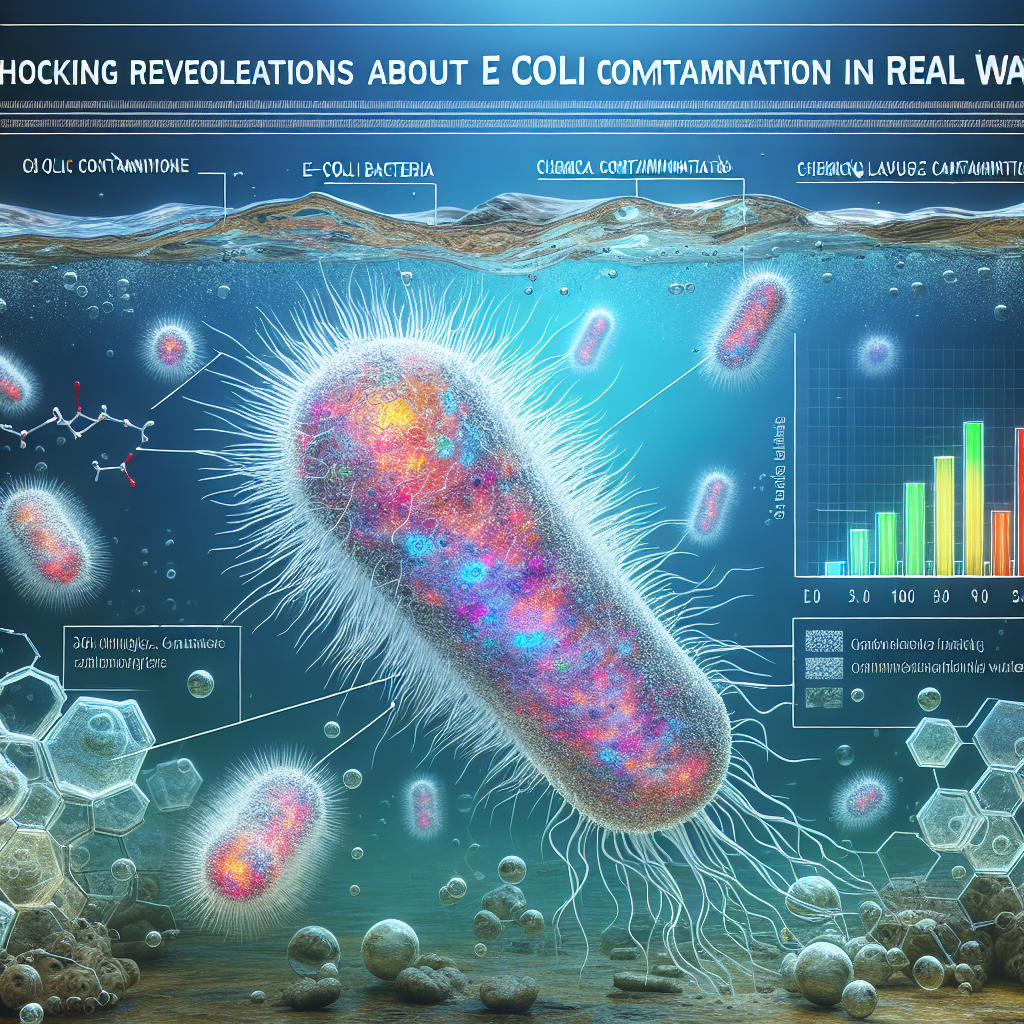 A detailed scientific illustration showing a microscopic view of E Coli bacteria floating in a body of water, with color-coded highlights indicating areas of chemical contamination. The visual breakdown of the bacteria is accompanied by stylized text announcing 'Shocking Revelations about E Coli Contamination in Real Water'. A bar graph at the corner of the image shows the high levels of chemical contaminants found in various water samples.
