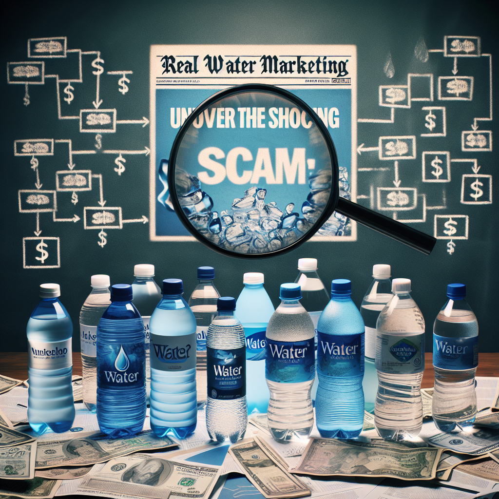 An image capturing a scene of an investigation into bottled water brands: a table covered in various brands of bottled water, each with a magnifying glass hovering over them. Behind the table, a chalkboard shows a flowchart with connecting lines, question marks and dollar signs, suggesting analysis of financial discrepancies. A faux newspaper headline reading, 'Real Water Marketing: Uncover the Shocking Scam' is overlaid at the top in bold, italicized text. The tone of the image should evoke intrigue and exposé-style journalism.