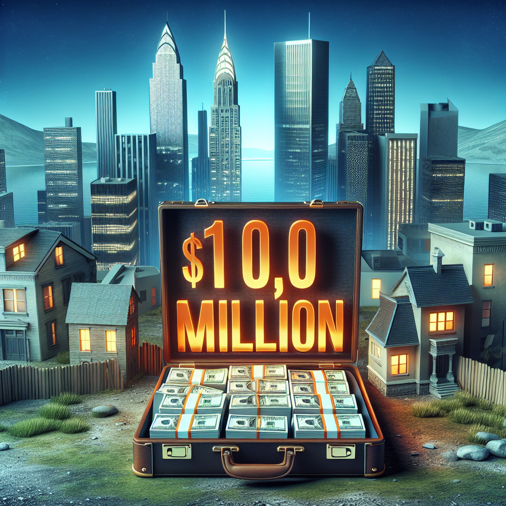 Create a high-quality, photorealistic image depicting a scene related to a huge settlement offer. The image should include a skyline with sleek skyscrapers in the background and a foreground displaying a briefcase open to reveal stacks of cash, symbolizing a $10 million offer. The word 'Real Water Settlement' is written in large, bold text across the top of the image and the figures '$10 Million' are prominently displayed at the bottom of the image.