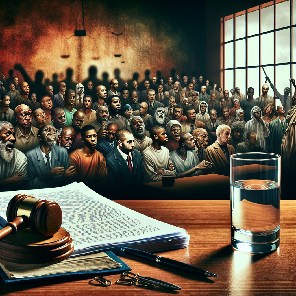 A vivid scene at a courtroom. Depict a stack of legal documents strewn across a wooden table with a gavel, in sharp contrast with the clear glass of water by its side. The atmosphere is heavy after a crucial ruling, reflecting a 'stunning defeat'. Showcase a grim looking crowd of multi-ethnic, multi-gendered personas in the background, epitomizing the intensity of the proceedings. The backdrop should include a saturated wooden wall and a raised judge bench. Highlight the glass of water to represent the 'Real Water Court Ruling'.