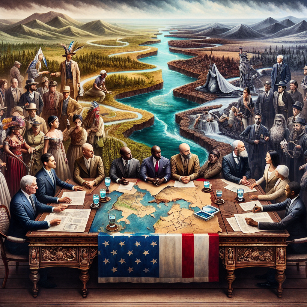 Produce a captivating image depicting a metaphorical illustration of inter-state water disputes. Showcase four diverse groups of people, each representing a different state - Caucasian, Hispanic, Black, and South Asian individuals, half female and half male. They are gathered around a 19th century, intricately crafted wooden table with maps, legal paperwork, and glasses filled with water spread out. The atmosphere is tense as they negotiate, display conflicting interests, and alliance formations. The background shows different terrains representing each state - a coastal area, a desert, forests, and mountains, respectively.