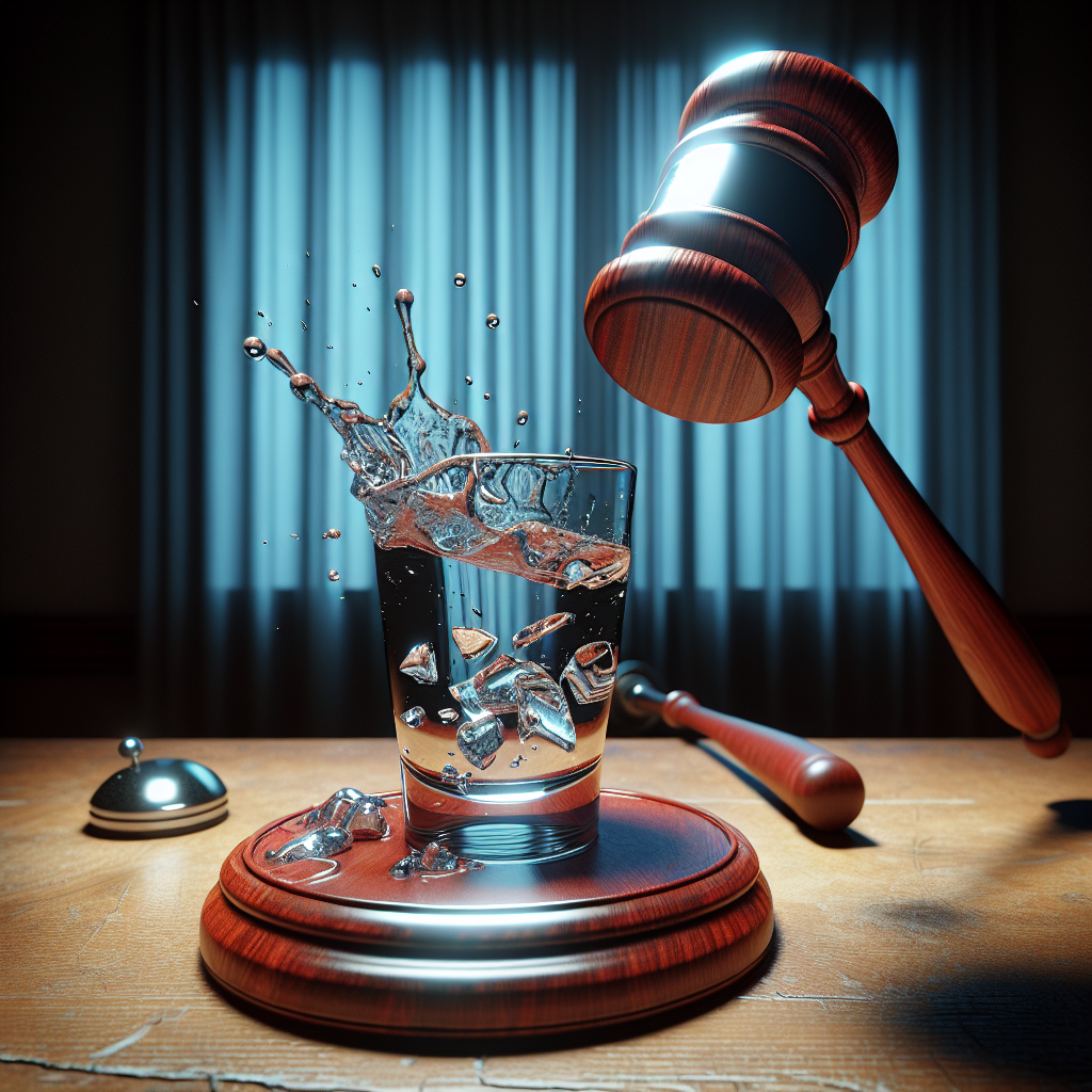 Generate a high-quality, photorealistic image that symbolizes a shocking parental accusation related to a child’s use of water. The image could consist of a gavel and a shattered glass of water on a courtroom desk, magnifying the tension and seriousness of the alleged lawsuit. Please embody the atmosphere of despair and surprise yet maintain the dignity of the judicial process.