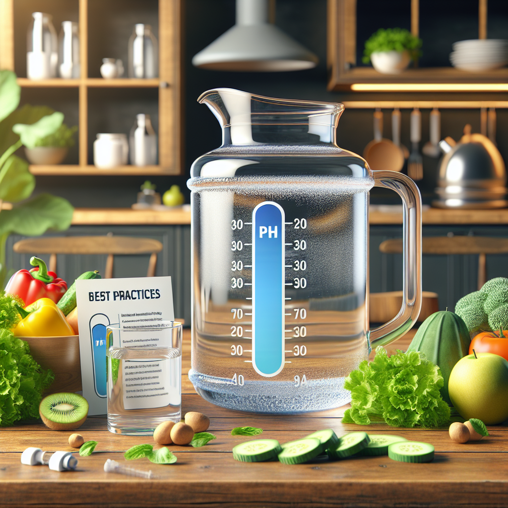 Produce a high-quality, photorealistic image symbolizing the safety of alkaline water. Portray a clear glass jug filled with crystal clear water on a wooden table, paired with the prominent pH scale skewed favorably towards alkalinity. The background could illustrate a serene kitchen setting. On the table, besides the jug, should be various health-conscious food items like green vegetables and fruits promoting balanced diet. Implied by this imagery, the connection between alkaline water, good dietary practices, and health should be made clear. Also, include a small informative flyer titled 'Best Practices' about the safe use of alkaline water.