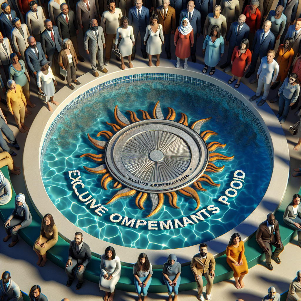 A detailed and photorealistic image representing the concept of a 'Real Water Victims Fund'. The foreground shows a diverse group of people of different descents like Caucasian, Hispanic, Black, Middle-Eastern, South Asian. Each displaying variations in gender representation, displaying optimistic expressions. They are all surrounded by a pool of clean, shimmering water symbolizing 'Exclusive Compensation Pool'. In the background, a large emblem symbolizing solidarity and support with an inscribed title 'Real Water Victims Fund'. Balanced composition to induce a sense of trust, empathy, and communal support.