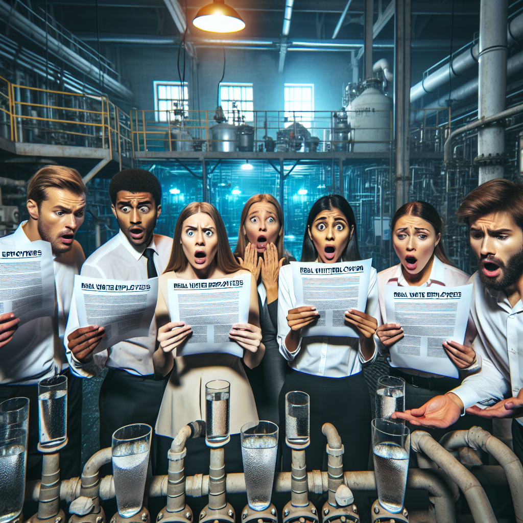 Create a picture for an article themed 'Real Water Employees: Shocking Whistleblower Revelations'. The picture should depict a diverse group of water facility employees from various descents such as Caucasian, Hispanic, Black, and Middle-Eastern, across different genders. They are in a water treatment plant, gesturing towards highlighted paperwork with shocked expressions. The environment should be lit with harsh industrial lighting, and in the background, we can see the intricate pipework of the plant. Remember to capture the seriousness and urgency of the situation.