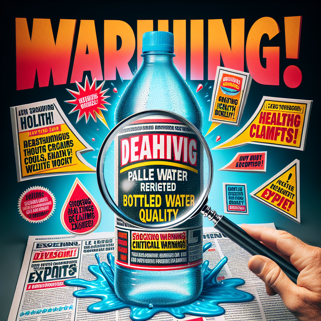 Create an image that depicts the concept of false advertising related to bottled water quality. The primary focus should be a dramatic composition of a water bottle with an exaggerated, deceptive label making outrageous health benefit claims. The label should use flashy colors and bold typography to lure the viewer's attention. A magnifying glass should be positioned over the label revealing critical warnings or disclaimers in fine print, indicating deceit. On the background, include newspaper headline snippets speaking about 'shocking health claims exposed' to provide context.