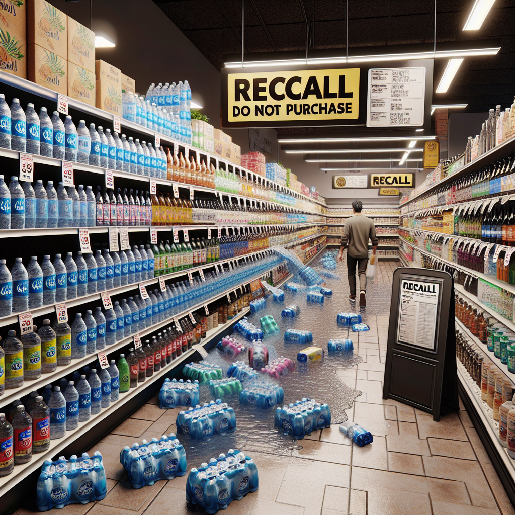 Generate a photorealistic image depicting a scene of a grocery store recall. In the scene, a variety of bottled water brands are being pulled from the shelves due to a recent recall. Emphasize the action with tags on the shelves that read 'Recall: Do Not Purchase'. Include a visible list or poster on a stand nearby which provides detailed information about the affected products, showing graphical logos and product names. Create a tense environment of concern with the grocers and customers looking at the recalled water products with confusion and worry.