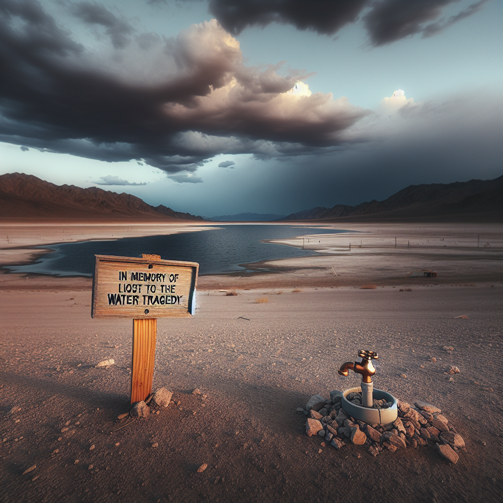 Visualize an impactful scene that conveys a tragic water-related incident in Nevada. Picture a desolated Nevada desert landscape with a dried up lake, symbolizing water scarcity. In the foreground, there's a tiny, dilapidated wooden memorial sign reading 'In memory of those lost to the water tragedy'. The sky is overcast with heavy clouds indicating an impending storm, signifying both hope and irony. Barely noticeable in the background are traces of abandoned water-related infrastructure like water pipes and tap. The scene is dusk, with the setting sun providing a melancholic orange glow.