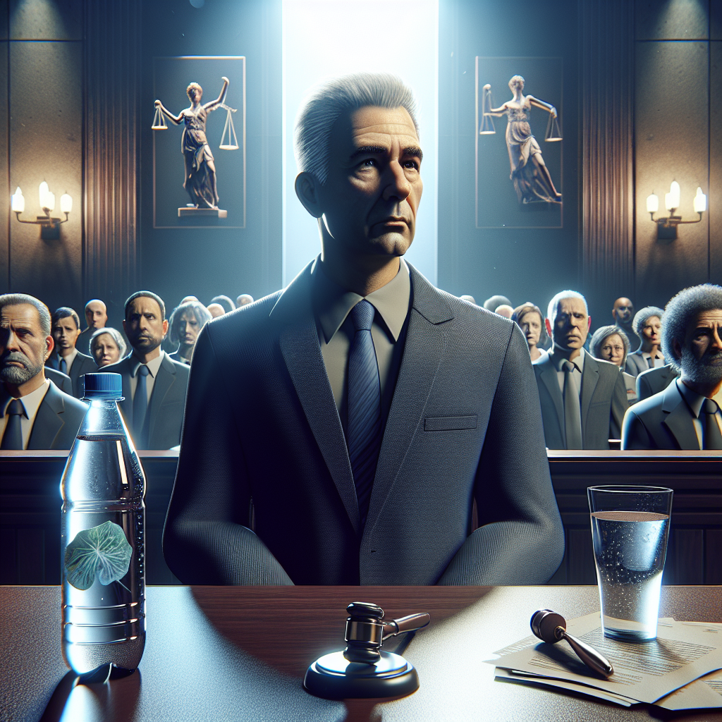 A photorealistic visual for an article titled 'Real Water Criminal Scandal: Unbelievable Charges'. The image displays a courtroom setting with a masculine figure sitting nervously on the defendant's stand. He is an average-built, middle-aged, Caucasian man with greying hair. Around him are filled benches, each person showing an array of emotions from anger to anticipation. At the foreground, we can see a water bottle, symbolizing the water scandal, on the evidence table, sharply lit in a dramatic manner. The background should give glimpses of the Truth, Justice, and Legal Authority icons.
