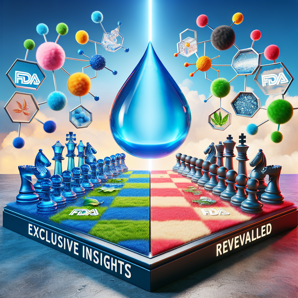 A photorealistic and high-quality image that visualizes a symbolic battle over water quality regulations. Picture a colorful battleground with chess pieces, where each piece is representative of different aspects related to water regulation - such as water droplets, molecules, and FDA insignia. On one side of the battleground, show a clean water droplet held high, symbolizing real pure water. On the other side, show molecules to indicate contaminants, and FDA insignia to represent regulation. Underneath the battleground, display the words 'Exclusive Insights Revealed'.