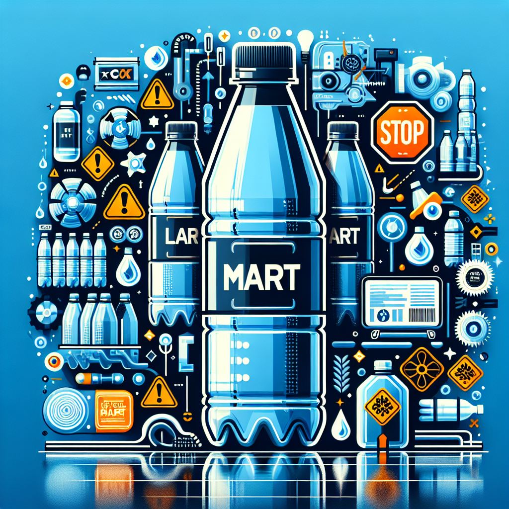An attractive and informative image reflecting a recall incident related to bottled water. The design should include elements that symbolize large multinational retail corporations, ideally a large mart itself, without identifying any specific real company. Visual elements of bottled water, recall symbols like caution signs or stop symbols should also be incorporated. The aesthetic of the image should be dramatic yet clean and professional, perfectly suitable for a news article. Another key component is the impact of the recall that has hit an e-commerce platform, again, without directly identifying any specific real company.