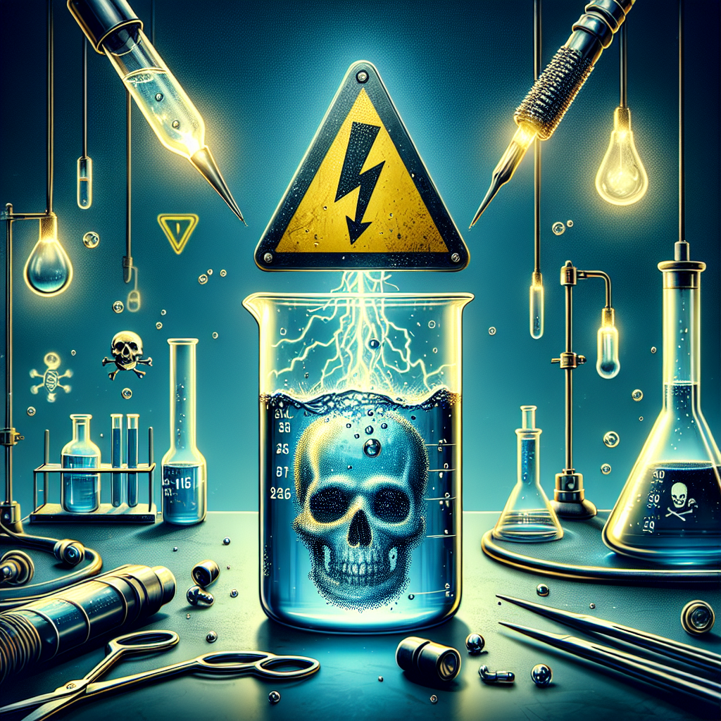 Produce a highly detailed, realistic image that serves as an illustration for an article. The topic of said article is the real dangers posed by electrolysis in water. The image should depict a flask of water under electrolysis, its electrodes crackling with electricity. Display obvious warning signs, like a symbol of a lightning bolt and a skull, to communicate the potential peril. The background can hint at a laboratory setting, with various tools and scientific equipment subtly placed. Ensure a bold and eye-catching color palette with rich blues, blacks, and yellows to signify both water and caution.