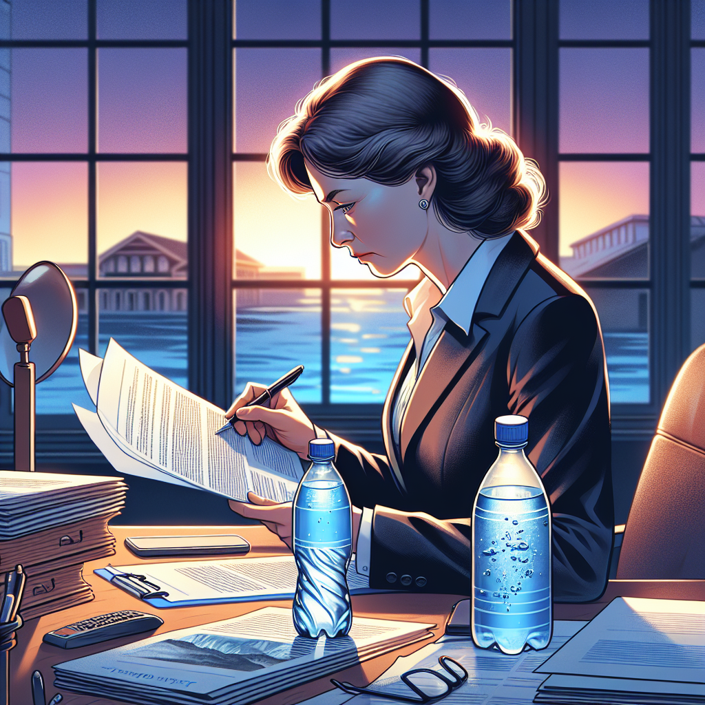 Illustrate a well-crafted scene in a professional office environment where an experienced attorney, who is a Caucasian female in her 50s, is engrossed in her work. She is seen meticulously reading through documents related to water rights, with a pile of legal papers spread across her desk. On her desk, there is also an unopened bottle of water symbolizing her specialization in water law. Through the window behind her, the sun is setting, painting the sky with hues of purple and gold. The image should encapsulate her determination and devotion towards helping victims of water-related legal issues.