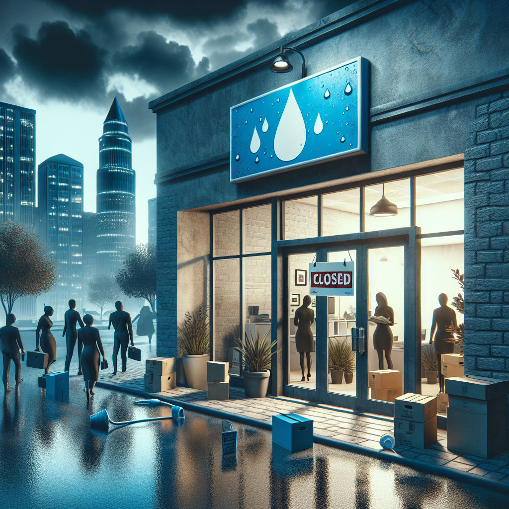 A dramatic scene depicting the closure of a water supply company. The exterior view of the company's office, signs of a sudden shutdown visible. Shut doors, a 'Closed' sign hanging on window, employees carrying boxes with their possessions, and a few distressed customers at the entrance. The company logo of water droplets visible in the background, along with a cityscape behind the company building under a cloud filled early evening sky. The scene should evoke a sense of shock and suddenness.