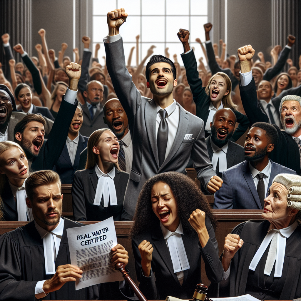 Create a photorealistic image of a dramatic courtroom scene where the excitement of victory is palpable. Specifically, focus on the anxious faces of a diverse group of people - men and women of varying ethnicities such as South Asian, Caucasian, Hispanic, Middle Eastern, Black, etc., all dressed in formal courtroom attire. Close to the front, depict a pleased female South Asian lawyer, holding a paper titled 'Real Water Class Certified' and pumping a triumphant fist into the air. In contrast, create an opposing male Hispanic lawyer looking clearly defeated. Please also include a background of a packed courtroom.