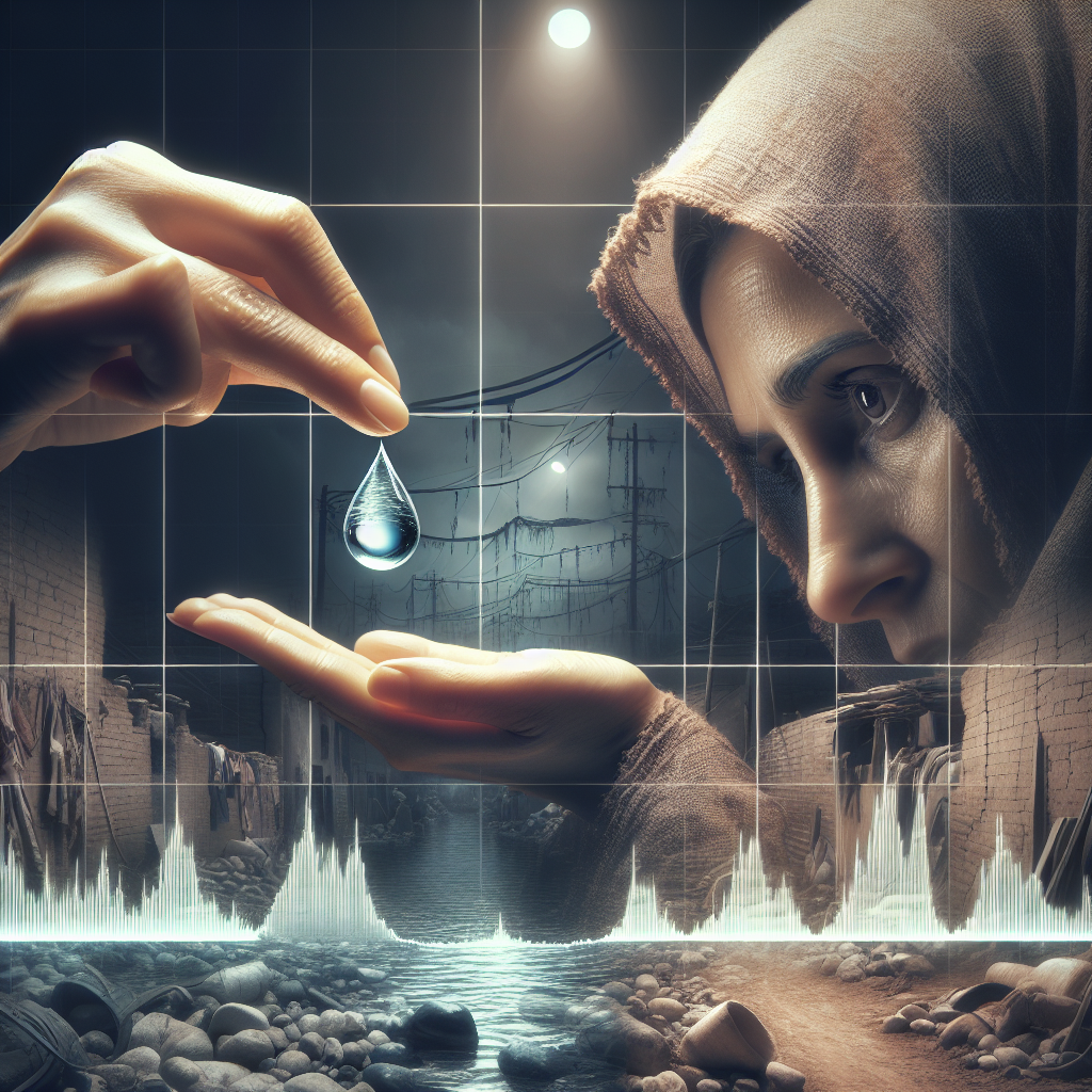 Generate an image that conveys the struggle of a long-term, chronic illness related to water health. This scene might include a woman of Middle-Eastern descent framing a droplet of pristine water with her fingers, reflecting a hopeful search for clean water. Further, depict a dimly lit environment in the background, symbolic of the ongoing struggle. Layer the image with a graph overlay showing fluctuations indicating instability and variation, illustrating the complexities of the water-health connection over time. Please aim for realism to capture the intensity of the subject matter with care.