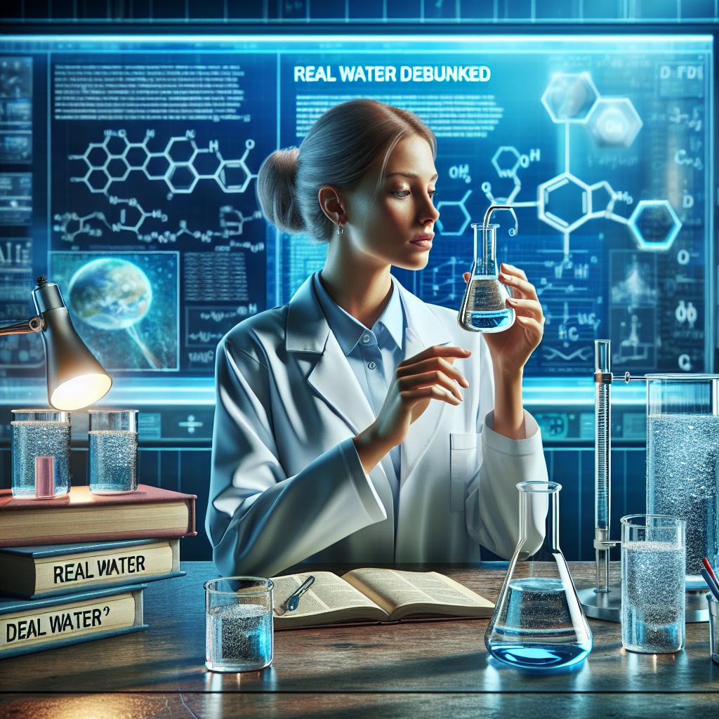 An image representing a scientific debunking of a common concept: water. The image shows a laboratory setting, with a Caucasian female scientist in a lab coat, examining a beaker of clear liquid representing 'water'. There's a large digital screen behind her displaying chemical formulas and molecular structures. On the table, there are books with the title 'Real Water Debunked'. Also interestingly, there are half-filled glasses of liquid with different shades suggesting possible variations of water. The environment suggests a serious analysis aimed at revealing shocking truths.