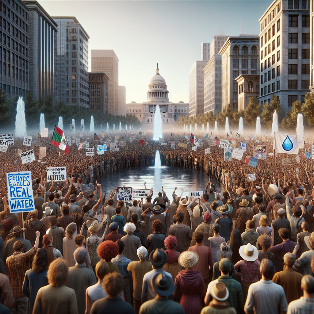 Visualize a majestic scene of a peaceful rally, taking place in a large cityscape. The protestors appear united over an issue regarding real water. Echoes of solidarity are evident as people of all genders and descents, including Mexican, Black, Caucasian, Asian, and Middle-Eastern individuals make their voices heard. Banners and placards abound, some bearing bold slogans demanding water justice. The atmosphere brims with determination and unity. The scenario represents an unforgettable demonstration of citizens advocating for their right to real water. Importance has been placed on photorealistic imagery to enhance the reality of the protest.