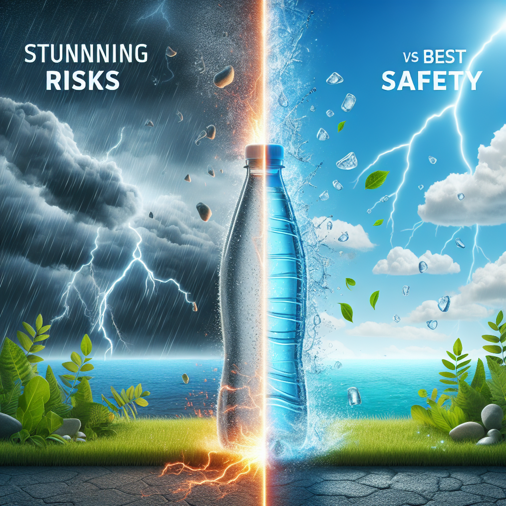 Create a photorealistic image representing the theme of the article 'Real Water Premium: Stunning Risks vs Best Safety'. Show a striking contrast between two halves. On one side, illustrate elements symbolizing risk, such as a fierce storm crashing against a bottle of water, lighting splintering and rain pelting down, signifying potential hazards. The other side should portray safety; a serene setting, with the same water bottle nestled in crisp green foliage beneath an azure sky, symbolizing the best safety standards. Make sure to include the text 'Real Water Premium: Stunning Risks vs. Best Safety' prominently in the center.