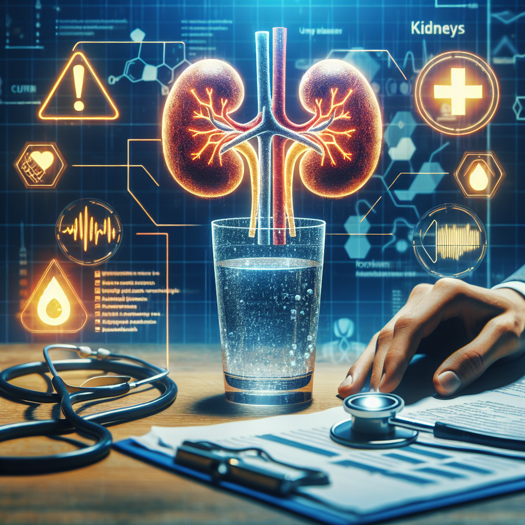 An image depicting a serious warning message related to kidney health with the implication of the risk of organ damage from unfiltered water. The scene might include a symbolic representation of kidneys with a warning symbol or sign, and a glass of water visually indicating impurities. Additionally, integrate visual cues related to medical research on kidney disease include charts, diagrams or icons. Emphasize the alert status with bold colors and text.