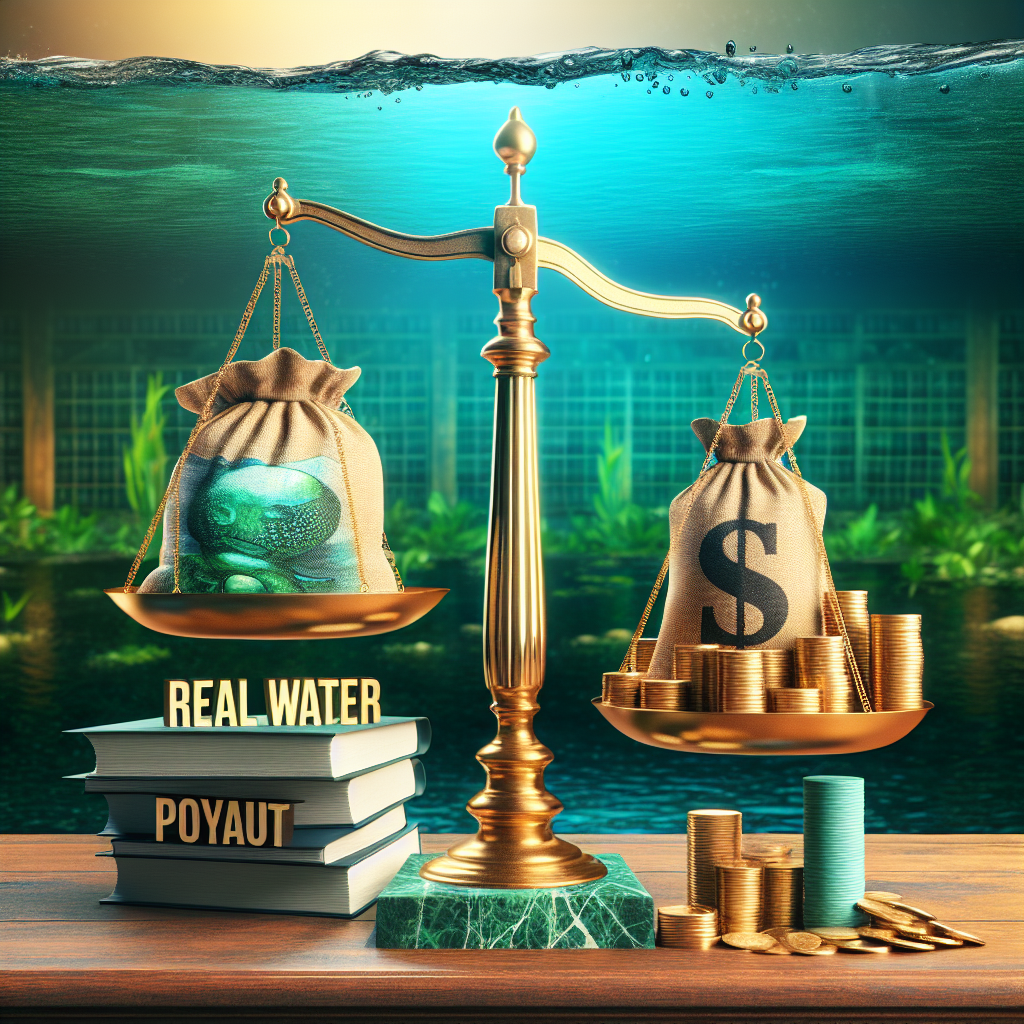 Imagine an image related to a legal success story. Depict a balanced scale, symbolic of justice, with one scale holding a stack of legal papers and the other a bag of gold coins representing a beneficial financial outcome. In the background, there’s a large body of water, representative of the case's relevance to water. Make sure the scale is gold in color and standing on an oak desk with green marble background, symbolic of stability and prosperity. The words 'Real Water Payout: Exclusive Settlement Success' hover above the scene in bold, striking letters.