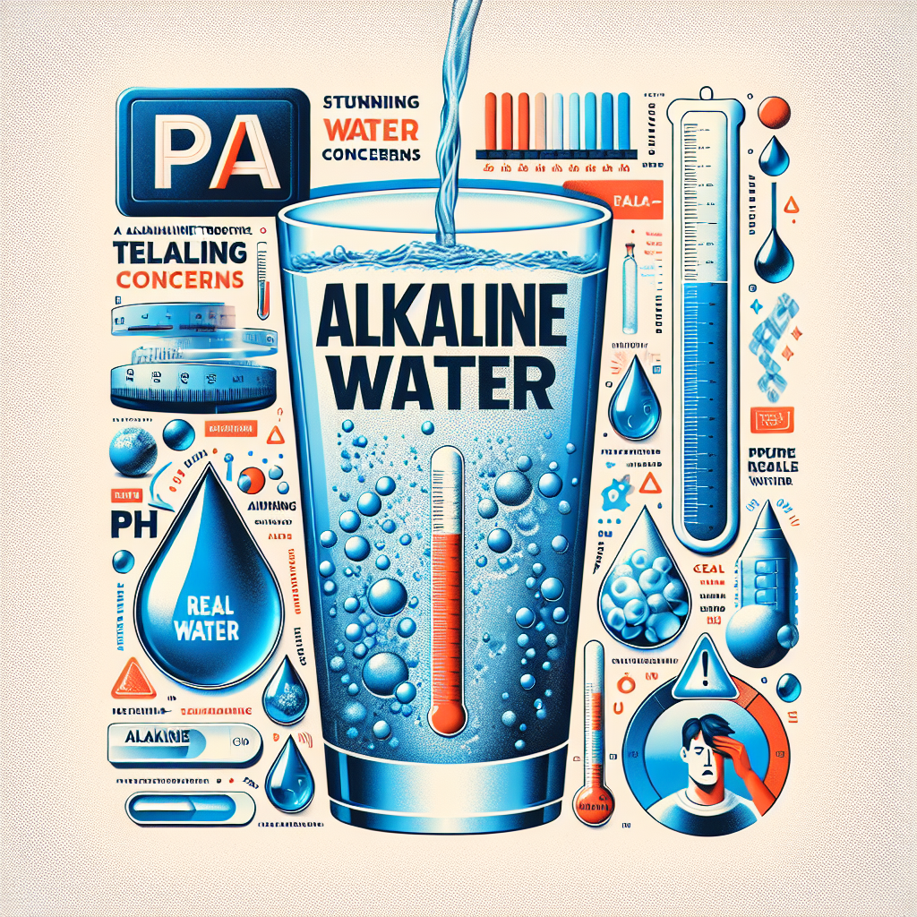 Create a detailed image that captures the essence of an article on the trend of alkaline water. The image should highlight the words 'Alkaline Water Trend: Stunning Real Water Concerns'. These words should be presented on a visually striking background, including perhaps, a fluid design or water droplets. Provide a visual contrast that illustrates the difference between regular water and alkaline water, as well as elements indicating the concerns associated with the trend. Objects like pH strips, a water glass with clear and cloudy sections to represent pure and alkaline water, or a worried human face might be included.