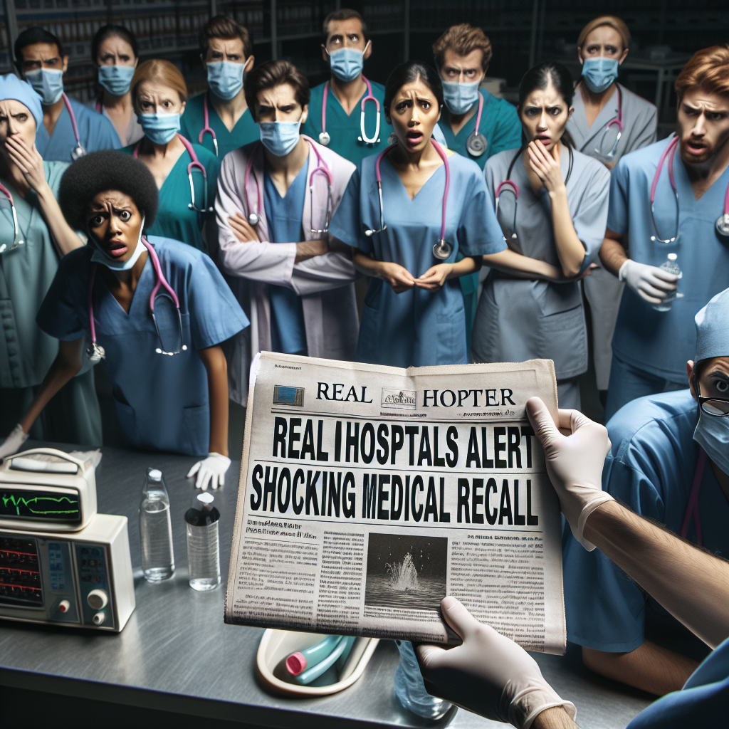 Depict a dramatic scene set in a hospital, with staff of varied descents and genders looking alarmed. In the foreground, someone is holding a newspaper with a headline that reads 'Real Water Hospitals Alert: Shocking Medical Sales Recall'. The atmosphere is tense, with medical equipment largely visible and the staff in professional attire- scrubs, face masks, gloves, and stethoscopes.