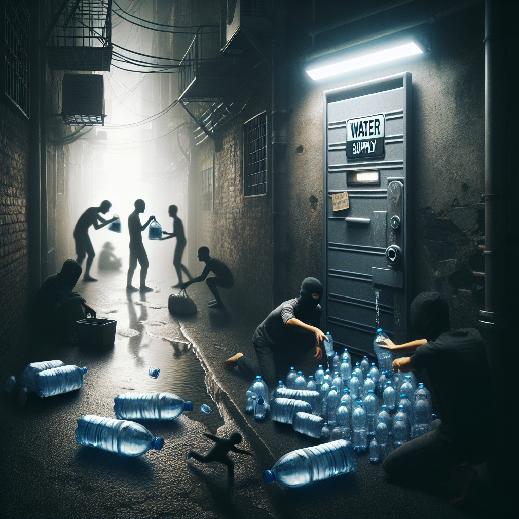 A dramatic image reflecting the intense theme of a black market for water. Visualize an uncertain, dimly lit scene with an alley where indistinct people are exchanging water bottles as if they were illicit goods. Beside this scene, incorporate a large, locked metallic door with a sign saying 'Water Supply'. Include some discarded empty plastic water bottles scattered around to imply the scarcity of water. The atmosphere should convey the shocking aspect of this reality, emphasizing themes of desperation, scarcity, and illegal trade.