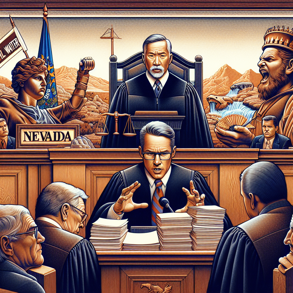 An intricate illustration of a courtroom scene. A Caucasian male lawyer representing Nevada, holing stacks of legal documents, vehemently making his argument in front of a stern Asian Judge, while a bullish, Middle-Eastern advocate symbolizing Real Water, donned in legal robes, sternly watching. In the background, the State's emblem can be seen engraved on a richly toned oak panel, and a literal translation of the case name represented by a waterfall with the sign 'Real Water' juxtaposed against the vibrant desert landscape of Nevada. The audience includes a diverse crowd reflecting various descents, deeply engrossed in the proceedings.