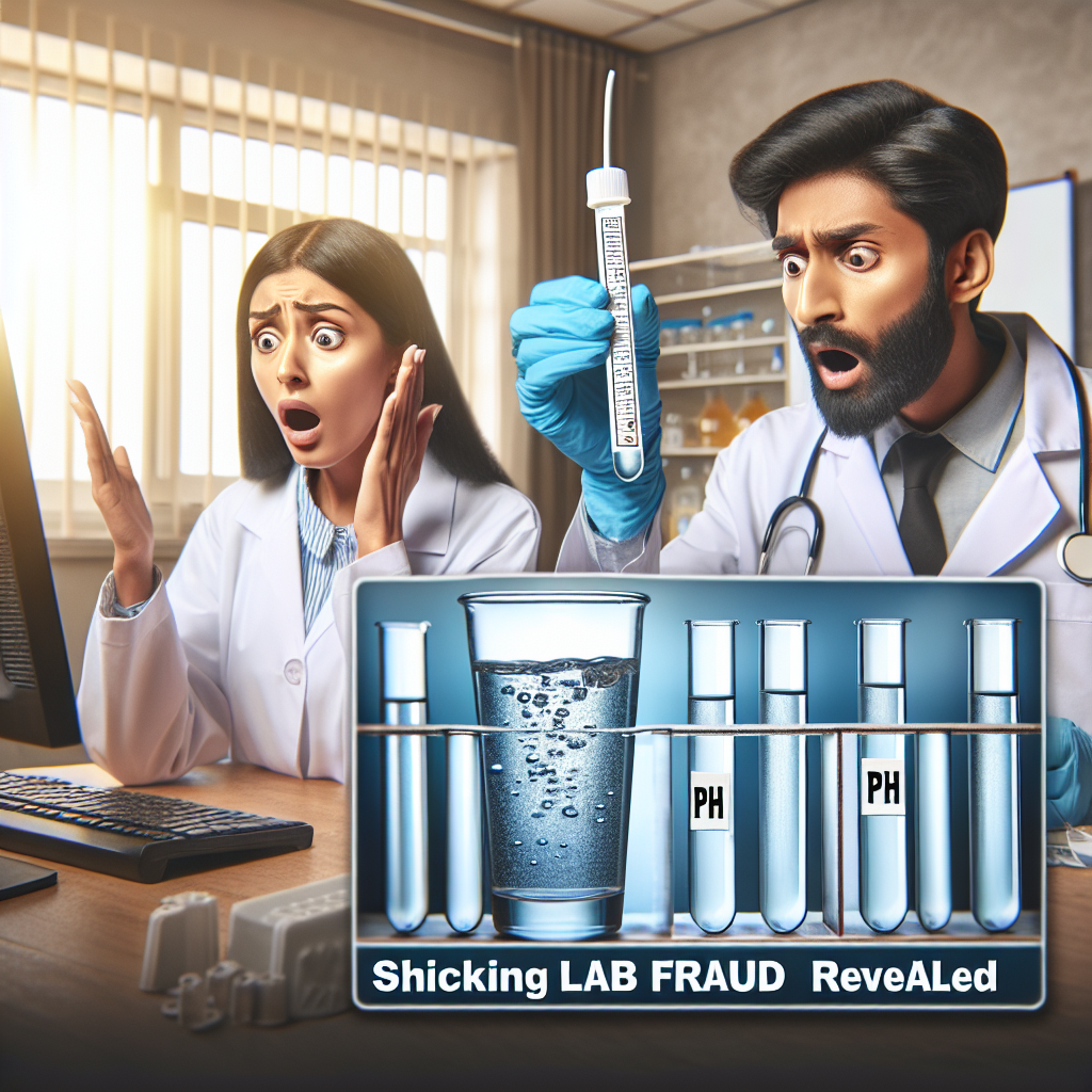 Create an attention-grabbing image for a news article. It should depict a laboratory setting with two scientists conducting tests - one middle-eastern female in a white lab coat looking astonished viewing results on her computer screen and one south Asian male scientist holding a test tube containing water with an embedded pH scale. The tube should show an unexpected pH number. The words 'Real Water, Fake pH: Shocking Lab Fraud Revealed' should be prominently displayed in bold, dynamic lettering at the top of the image.