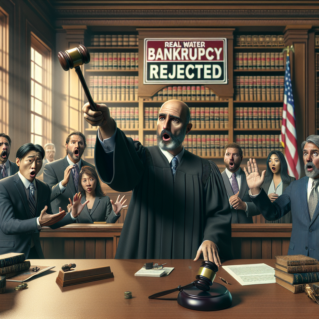 Create a photorealistic image that illustrates a court scene associated with a bankruptcy hearing. The central figure is a middle-aged Caucasian judge acclaiming a powerful and shocking verdict. Show him holding a gavel, about to strike it down. Other figures could include a diverse mix of attorneys, specifically an Asian woman and a Hispanic man, expressing surprise at the decision. In the background, display a sign board reading: 'Real Water Bankruptcy Rejected'. Ensure the room setting carries the gravity of a formal courtroom atmosphere with bookshelves, the nation's flag, and intricate woodwork.