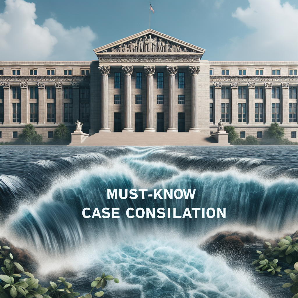 A photorealistic image that would be suitable for an article about an important legal case involving water rights. Visual elements include a detailed federal court building with distinguished architecture indicative of its significance in the judiciary system, and an overlay of rushing water that is symbolizing the water rights in question. The written phrase 'Must-Know Case Consolidation' is superimposed in bold, authoritative letters on the foreground to bring home the gravity of the situation described in the article.