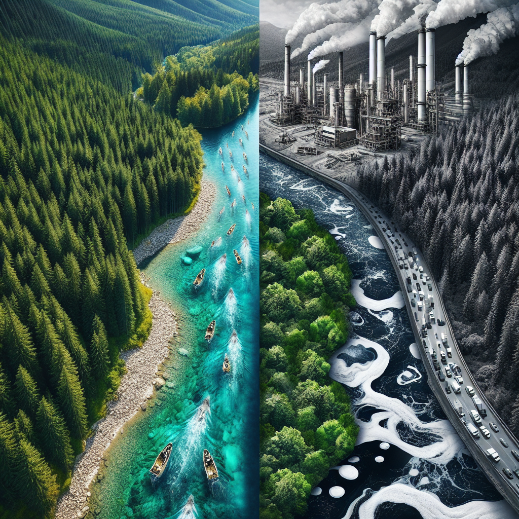 Create a detailed image that illustrates the concept of water pollution and its source. Picture a crystal-clear river originating from a pristine mountainside, keeping it's purity as it flows through untouched forests. Suddenly, the scene changes as the river reaches an industrial area, where factories lay on its banks. Farther downstream, the river is no longer clear; it's dark and filled with bubbles and foam, suggesting chemical contamination. The contrast between the pure and polluted water should be stark and alarming.