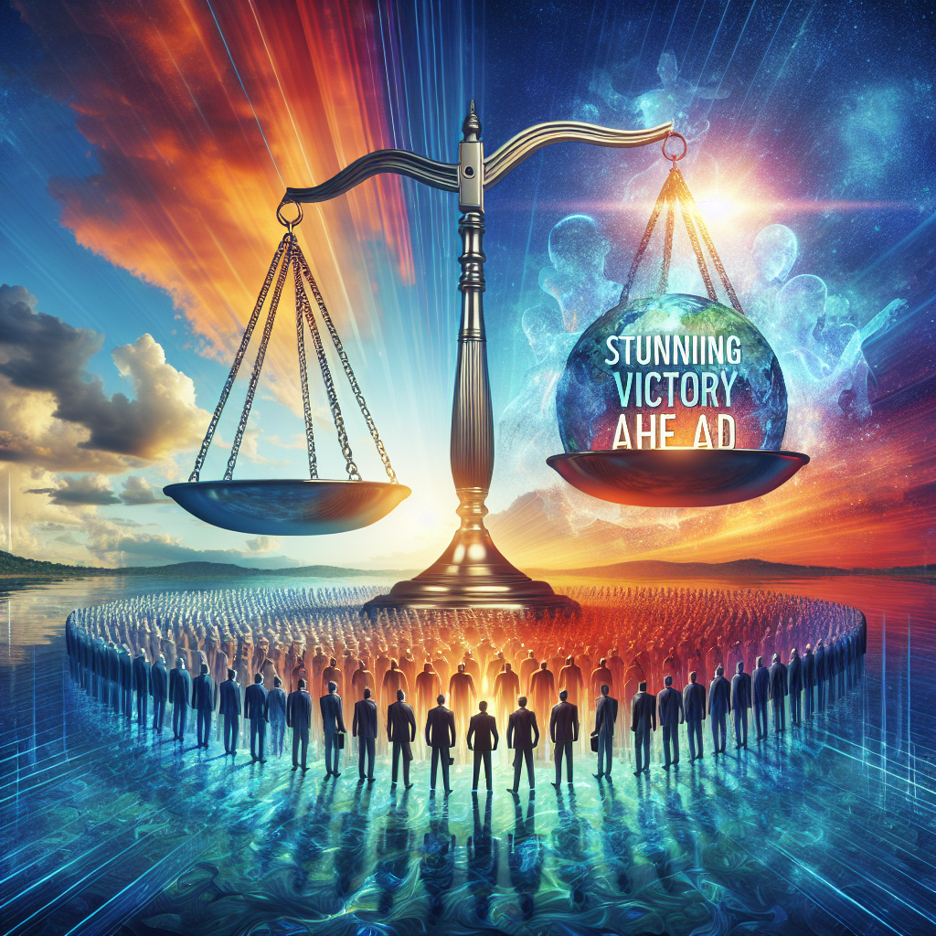 A concept image for a law article: A balanced scale unfurls like a winning trophy against a backdrop of a vibrant sunset sky, hinting at the victory of the justice. Alongside are 500 faintly superimposed human silhouettes, representing a large group of plaintiffs. The bottom of the image is dominated by shimmering water, adding an element of being 'real'. At the top, eye-catching text reads: 'Stunning Victory Ahead!' The image radiates optimism and hope. It portrays a potentially triumphant moment for the group of plaintiffs in a case connected with water.