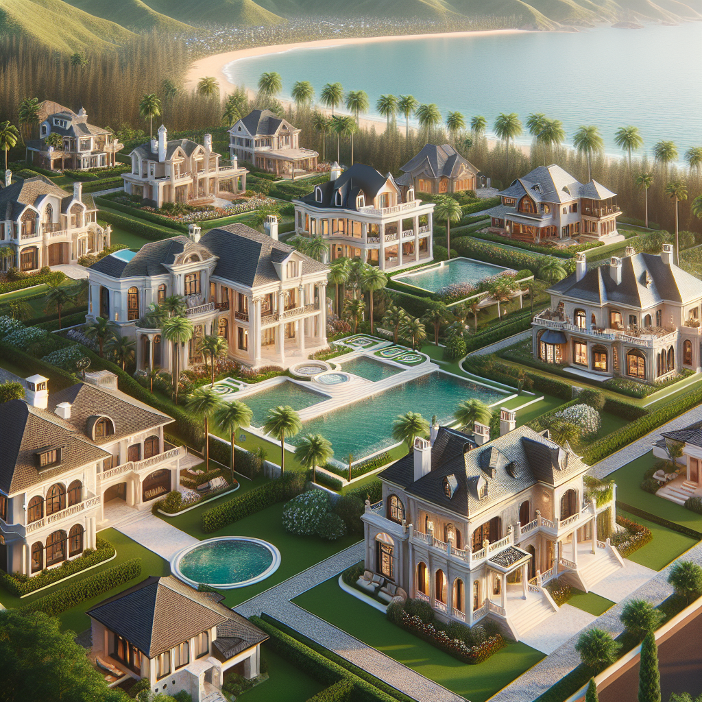 Create a high-quality, photorealistic image that features the beautiful and opulent homes owned by various business executives in the water distribution industry. These grand homes, which are located in diverse settings around the globe - from beautiful beachfront properties to luxurious mountaintop retreats, are now on the market for sale. The houses should showcase a variety of architectural styles, with each house representing an executive of a different descent - for instance, one could be a traditional-style villa owned by a Black executive, an ultramodern mansion owned by a Hispanic executive, and a stately manor owned by a South Asian executive. Please ensure the image conveys the sense of opulence and the wide-ranging locations of these homes.