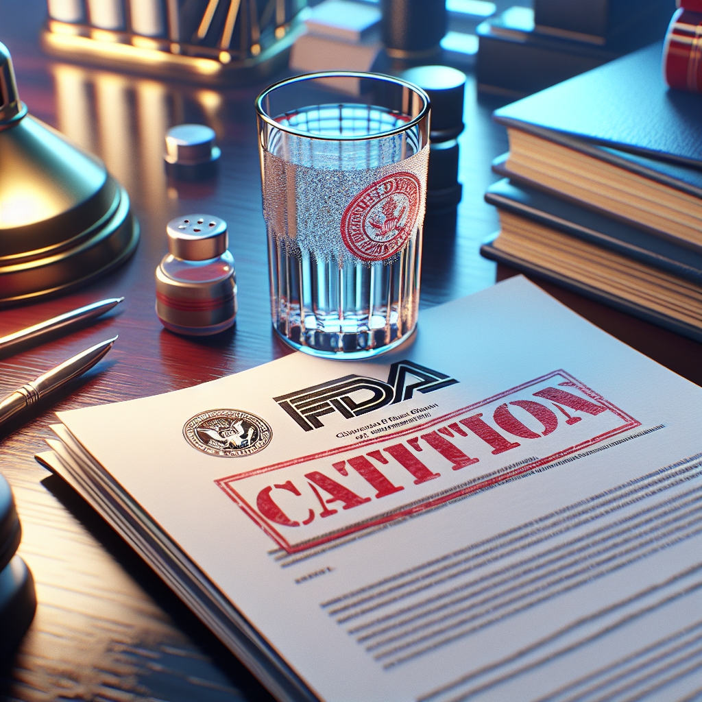 Create a high-resolution, photorealistic image for an article focusing on water safety. The scene should depict a stack of official-looking documents stamped with 'FDA' and 'Citation' in red ink, with a glass of crystal clear water next to it. The background should imply a serious office environment with various essential tools like pens, notebooks, and a desk lamp. This setting will symbolize the stern reality of water safety issues and the involvement of authoritative bodies.